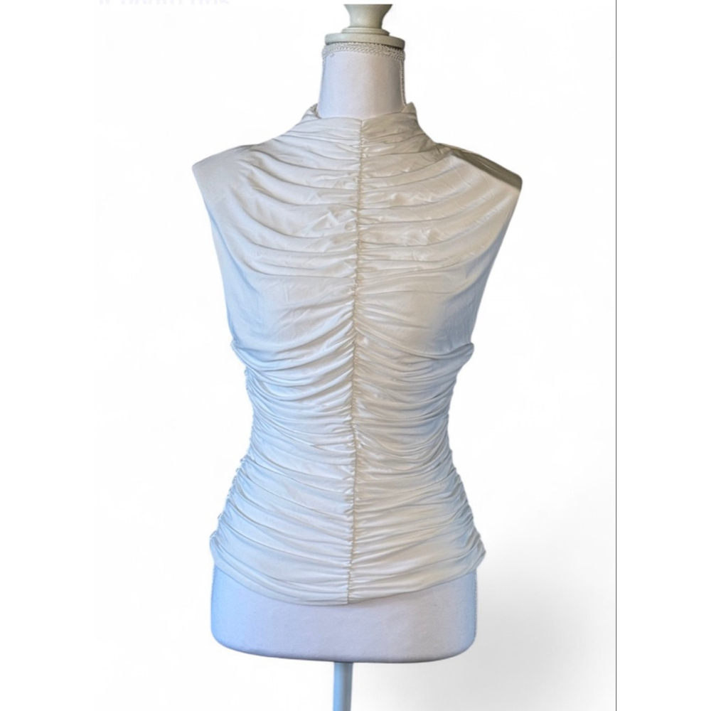 Naked Wardrobe NWT White Ruched High Neck Sleeveless Top Stretch